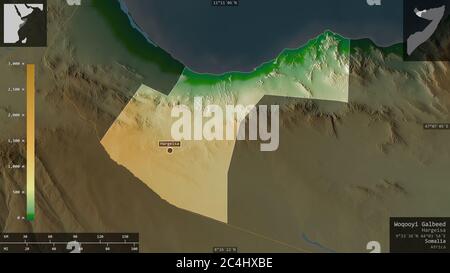 Woqooyi Galbeed, Region Somalia. Farbige Shader-Daten mit Seen und Flüssen. Form präsentiert gegen seine Landesfläche mit informativen Überlagerungen. 3D Stockfoto