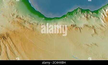 Woqooyi Galbeed, Region Somalia. Farbige Shader-Daten mit Seen und Flüssen. Form, die gegenüber dem Landesgebiet umrissen ist. 3D-Rendering Stockfoto