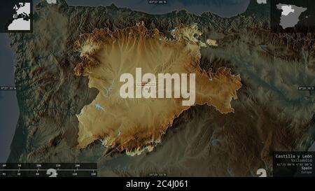 Castilla y León, autonome Gemeinschaft Spaniens. Farbiges Relief mit Seen und Flüssen. Form präsentiert gegen seine Landesfläche mit informativen Overla Stockfoto