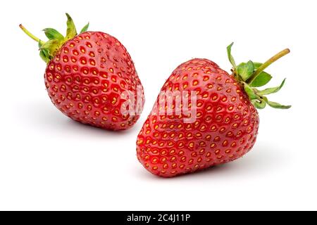 Zwei Erdbeeren isoliert auf weißem Hintergrund. Volle Schärfentiefe mit Beschneidungspfad. Stockfoto