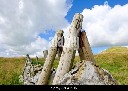 Flacher Fokus einer improvisierten Kletterstufe über einer sehr alten Steinwand im Herzen der Yorkshire Dales. Stockfoto