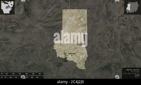 Nord-Darfur, Bundesstaat Sudan. Satellitenbilder. Form präsentiert gegen seine Landesfläche mit informativen Überlagerungen. 3D-Rendering Stockfoto