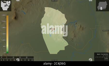 West Kurdufan, Bundesstaat Sudan. Farbige Shader-Daten mit Seen und Flüssen. Form präsentiert gegen seine Landesfläche mit informativen Überlagerungen. 3D-rende Stockfoto