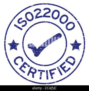 Grunge blau ISO 22000 zertifiziert mit Markensymbol rund Gummi-Siegel Stempel auf weißem Hintergrund Stock Vektor