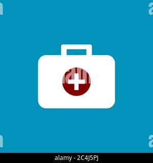 Weißer medizinischer Koffer auf blauem Hintergrund. Erste-Hilfe-Set mit Kreuzsymbol. Arzttasche mit medizinischen Hilfsmitteln. Sicherheitskit für den Arbeitsplatz oder zu Hause. Stock Vektor