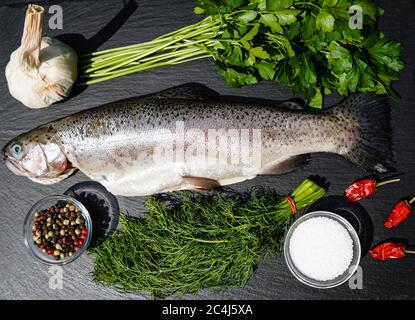 Frische Regenbogenforelle mit Kräutern und Gewürzen zum grillen Stockfoto