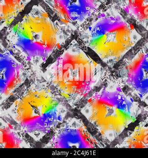 Nahtlose lebendige Regenbogen bemalt Blume Textur. Bold Grundfarbe künstlerischen floralen Blüte Hintergrund. Gewaschenes, unperfektes Pinselmuster. Funky Stockfoto