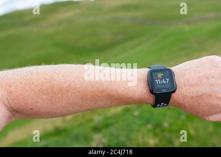 Erwachsener Mann, der einen beliebten Fitness-Tracker am linken Handgelenk trägt. Der Mann ist ein Trailrunner und schaut in angezeigte Statistiken. Stockfoto