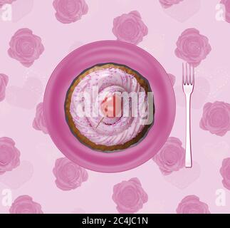Lecker leckeren Cupcake mit der rosa Sahnehäubchen auf und Kirsche, bereit für Kinder Party Essen, Henne-Party-Feier. Cupcake auf einem Teller, Draufsicht. 3d-Rend Stockfoto