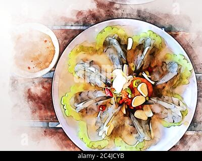 Abstrakte bunte frische Garnelen Aquarell Illustration Malerei Hintergrund. Stockfoto