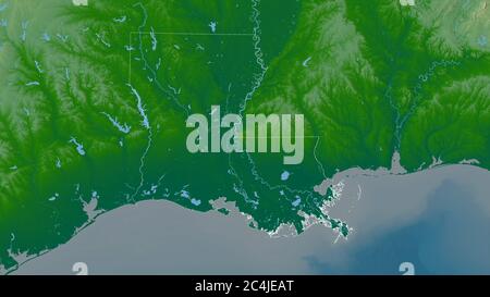 Louisiana, Bundesstaat der Vereinigten Staaten. Farbige Shader-Daten mit Seen und Flüssen. Form, die gegenüber dem Landesgebiet umrissen ist. 3D-Rendering Stockfoto