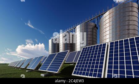 Lebendiges Bild von Sonnenkollektoren unter verstreuten Wolken Stockfoto