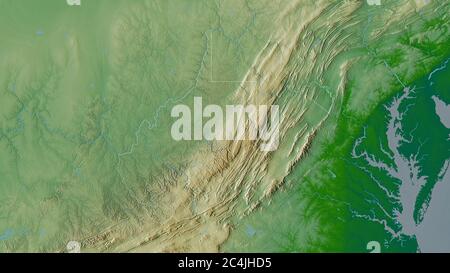 West Virginia, Bundesstaat der Vereinigten Staaten. Farbige Shader-Daten mit Seen und Flüssen. Form, die gegenüber dem Landesgebiet umrissen ist. 3D-Rendering Stockfoto