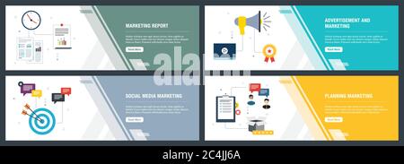 Banner mit Symbolen für Internet auf Websites oder App Vorlagen mit Marketing, Werbung und Marketing, Social Media Marketing, Planung m Stock Vektor