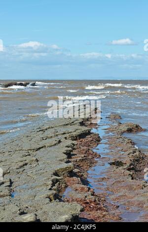 Blick über den Strand und die Felsvorsprünge in der St Audries Bay an der Somerset-Küste bei Doniford. Teil des England Coast Path - Südwesten. Stockfoto