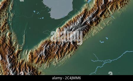Mérida, Staat Venezuela. Farbiges Relief mit Seen und Flüssen. Form, die gegenüber dem Landesgebiet umrissen ist. 3D-Rendering Stockfoto