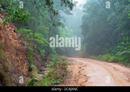Ein rauer Feldweg, der an einem Nachmittag, der von Regen beschmutzt ist, einen Berg hinauf führt Stockfoto