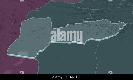 Zoom in Farah (Provinz Afghanistan) extrudiert. Schräge Perspektive. Farbige und aufgeschüpfte Karte der Verwaltungseinheit mit Oberflächengewässern. 3 Stockfoto