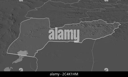 Zoom in Farah (Provinz Afghanistan) skizziert. Schräge Perspektive. Karte mit bilevel Höhe mit Oberflächengewässern. 3D-Rendering Stockfoto