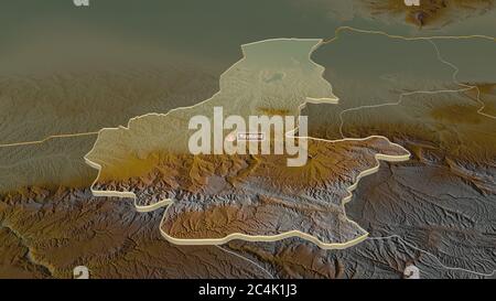 Zoom in auf Faryab (Provinz Afghanistan) extrudiert. Schräge Perspektive. Topographische Reliefkarte mit Oberflächengewässern. 3D-Rendering Stockfoto