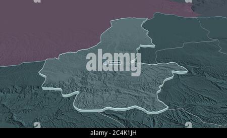 Zoom in auf Faryab (Provinz Afghanistan) extrudiert. Schräge Perspektive. Farbige und aufgeschüpfte Karte der Verwaltungseinheit mit Oberflächengewässern. Stockfoto