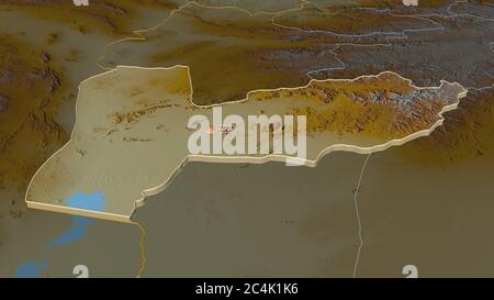 Zoom in Farah (Provinz Afghanistan) extrudiert. Schräge Perspektive. Topographische Reliefkarte mit Oberflächengewässern. 3D-Rendering Stockfoto