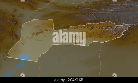 Zoom in Farah (Provinz Afghanistan) skizziert. Schräge Perspektive. Topographische Reliefkarte mit Oberflächengewässern. 3D-Rendering Stockfoto