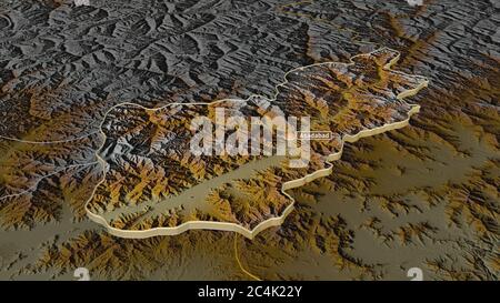 Zoom in auf Kunar (Provinz Afghanistan) extrudiert. Schräge Perspektive. Topographische Reliefkarte mit Oberflächengewässern. 3D-Rendering Stockfoto