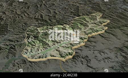 Zoom in auf Kunar (Provinz Afghanistan) extrudiert. Schräge Perspektive. Satellitenbilder. 3D-Rendering Stockfoto