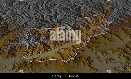 Zoom in Kunar (Provinz Afghanistan) skizziert. Schräge Perspektive. Topographische Reliefkarte mit Oberflächengewässern. 3D-Rendering Stockfoto