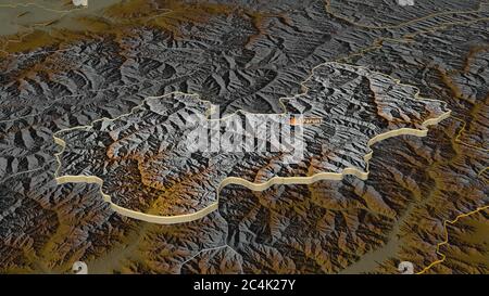 Zoom in auf Nuristan (Provinz Afghanistan) extrudiert. Schräge Perspektive. Topographische Reliefkarte mit Oberflächengewässern. 3D-Rendering Stockfoto