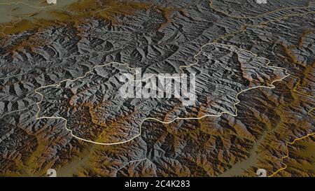 Zoom in auf Nuristan (Provinz Afghanistan) skizziert. Schräge Perspektive. Topographische Reliefkarte mit Oberflächengewässern. 3D-Rendering Stockfoto