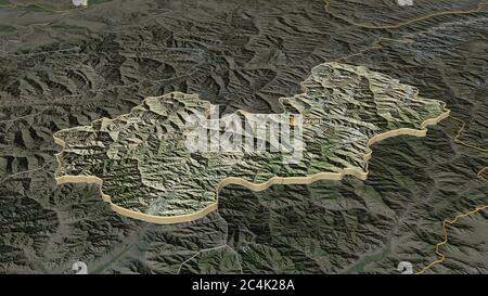 Zoom in auf Nuristan (Provinz Afghanistan) extrudiert. Schräge Perspektive. Satellitenbilder. 3D-Rendering Stockfoto