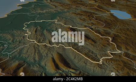 Zoom in auf Berat (Grafschaft Albanien) skizziert. Schräge Perspektive. Topographische Reliefkarte mit Oberflächengewässern. 3D-Rendering Stockfoto