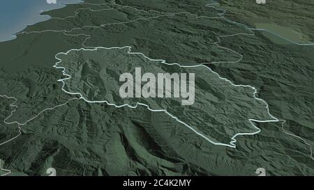 Zoom in auf Berat (Grafschaft Albanien) skizziert. Schräge Perspektive. Farbige und aufgeschüpfte Karte der Verwaltungseinheit mit Oberflächengewässern. 3D-Rend Stockfoto