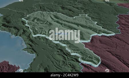 Zoom in auf Gjirokastër (Landkreis Albanien) extrudiert. Schräge Perspektive. Farbige und aufgeschüpfte Karte der Verwaltungseinheit mit Oberflächengewässern. 3 Stockfoto