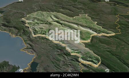 Zoom in auf Gjirokastër (Landkreis Albanien) extrudiert. Schräge Perspektive. Satellitenbilder. 3D-Rendering Stockfoto