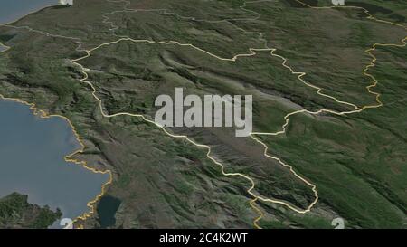 Zoom in auf Gjirokastër (Grafschaft Albanien) skizziert. Schräge Perspektive. Satellitenbilder. 3D-Rendering Stockfoto