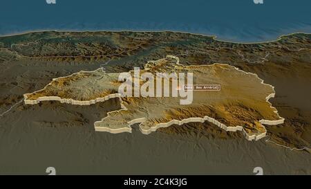 Zoom in auf Bordj Bou Arréridj (Provinz Algerien) extrudiert. Schräge Perspektive. Topographische Reliefkarte mit Oberflächengewässern. 3D-Rendering Stockfoto