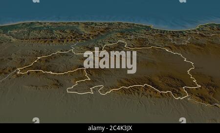 Zoom in auf Bordj Bou Arréridj (Provinz Algerien) skizziert. Schräge Perspektive. Topographische Reliefkarte mit Oberflächengewässern. 3D-Rendering Stockfoto