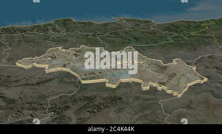 Zoom in auf Oum el Bouaghi (Provinz Algerien) extrudiert. Schräge Perspektive. Satellitenbilder. 3D-Rendering Stockfoto