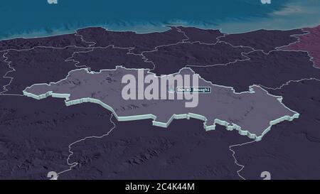Zoom in auf Oum el Bouaghi (Provinz Algerien) extrudiert. Schräge Perspektive. Farbige und angestoßende Karte der Verwaltungsabteilung mit Oberflächenwate Stockfoto