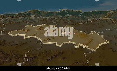 Zoom in auf Oum el Bouaghi (Provinz Algerien) extrudiert. Schräge Perspektive. Topographische Reliefkarte mit Oberflächengewässern. 3D-Rendering Stockfoto