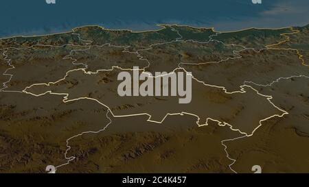 Zoom in Oum el Bouaghi (Provinz Algerien) skizziert. Schräge Perspektive. Topographische Reliefkarte mit Oberflächengewässern. 3D-Rendering Stockfoto