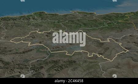 Zoom in Oum el Bouaghi (Provinz Algerien) skizziert. Schräge Perspektive. Satellitenbilder. 3D-Rendering Stockfoto