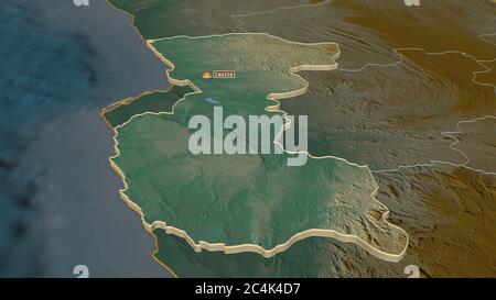 Zoom in auf Bengo (Provinz Angola) extrudiert. Schräge Perspektive. Topographische Reliefkarte mit Oberflächengewässern. 3D-Rendering Stockfoto