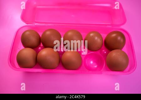 Hühnereier mit Plastikbox auf rosa Hintergrund. Konzeptfoto. Stockfoto