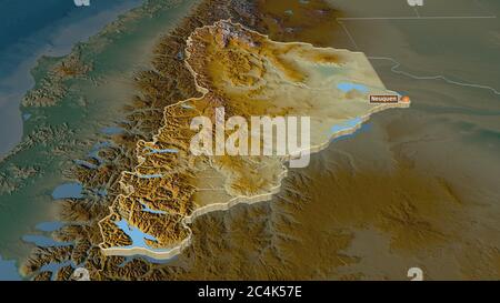 Zoom in Neuquén (Provinz Argentinien) extrudiert. Schräge Perspektive. Topographische Reliefkarte mit Oberflächengewässern. 3D-Rendering Stockfoto