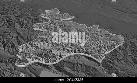 Zoom in auf Tavush (Provinz Armenien) extrudiert. Schräge Perspektive. Karte mit bilevel Höhe mit Oberflächengewässern. 3D-Rendering Stockfoto