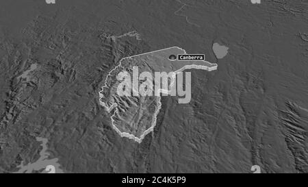 Zoom in Australian Capital Territory (Territorium von Australien) extruded. Schräge Perspektive. Karte mit bilevel Höhe mit Oberflächengewässern. 3D-Renderin Stockfoto